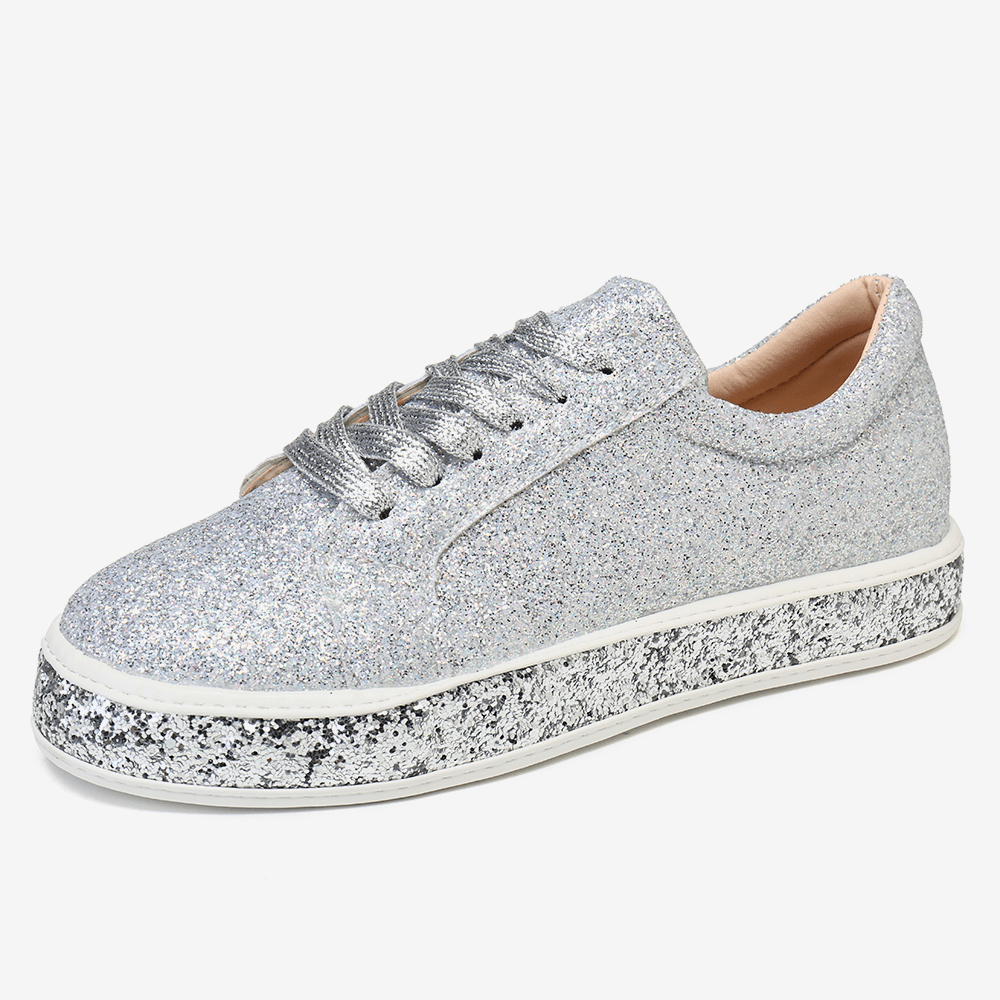 Women Glitter Sequined Fashion Lace up Party Casual Platform Shoes Flats - MRSLM