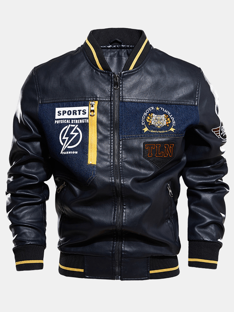 Mens Graphics Embroidery Baseball Collar PU Leather Jacket