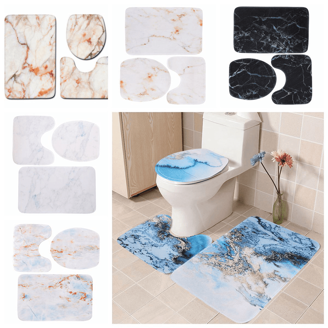 3PCS Marble Toilet Floor Door Bathroom Carpet Pedestal Rug Lid Cover Bath