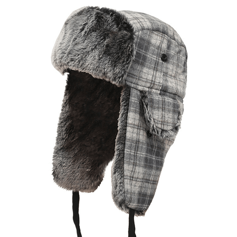 Mens Womens Plaid plus Velvet Earmuffs Ushanka Trapper Hat