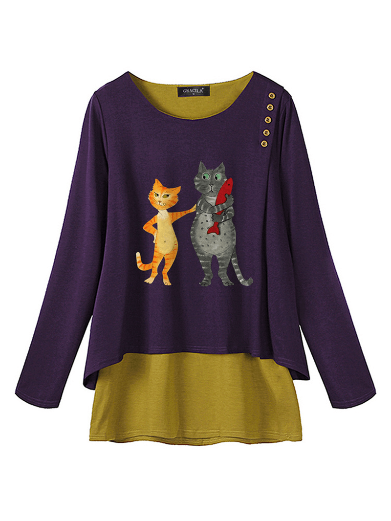 Women Casual Print Cat Long Sleeve Blouse - MRSLM