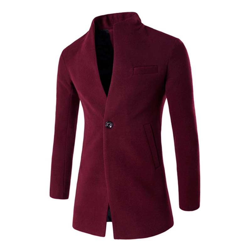 Mens Business One Button Stand Collar Fashion Casual Slim Fit Wool Jacket