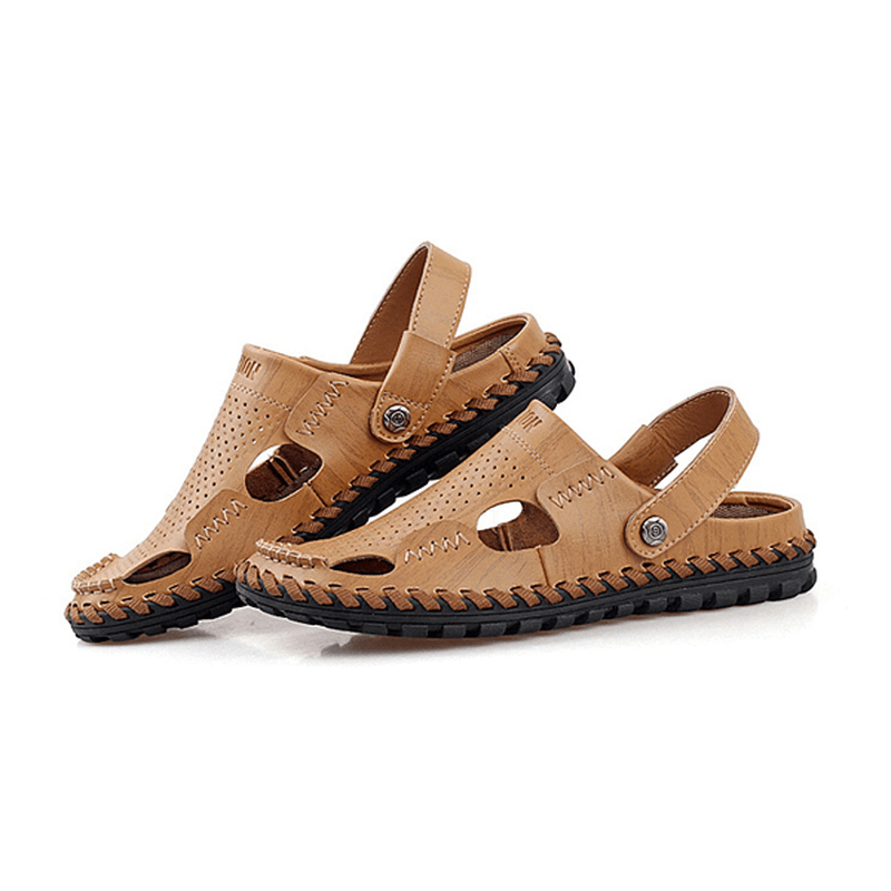 Men Summer Leather Sandal Casual round Toe Outdoor Flat Fashion Soft Beach Slipper