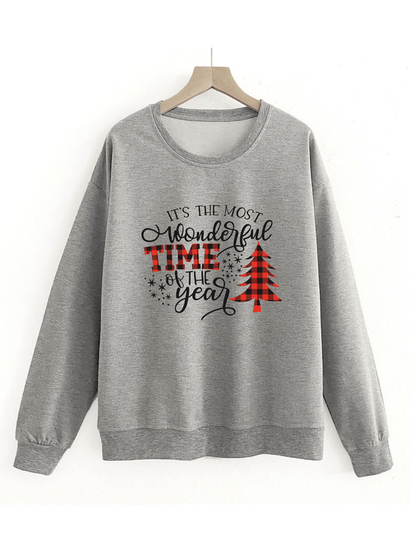 Women Christmas Letter Print O-Neck Drop Shoulder Loose Pullover Sweatshirts