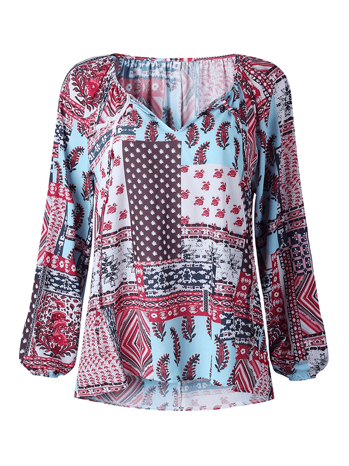 Women V Neck Boho Floral Print Blouse