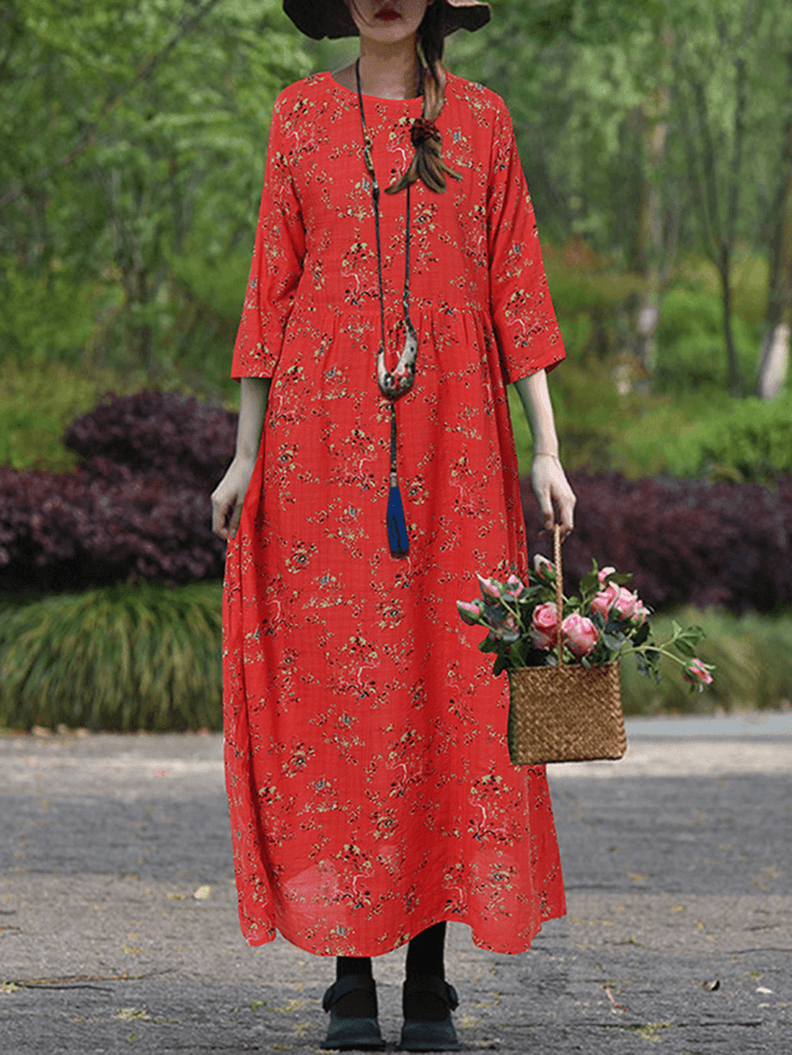 Women Vintage Flowers Print O-Neck 3/4 Sleeve Casual Holiday Maxi Dress - MRSLM