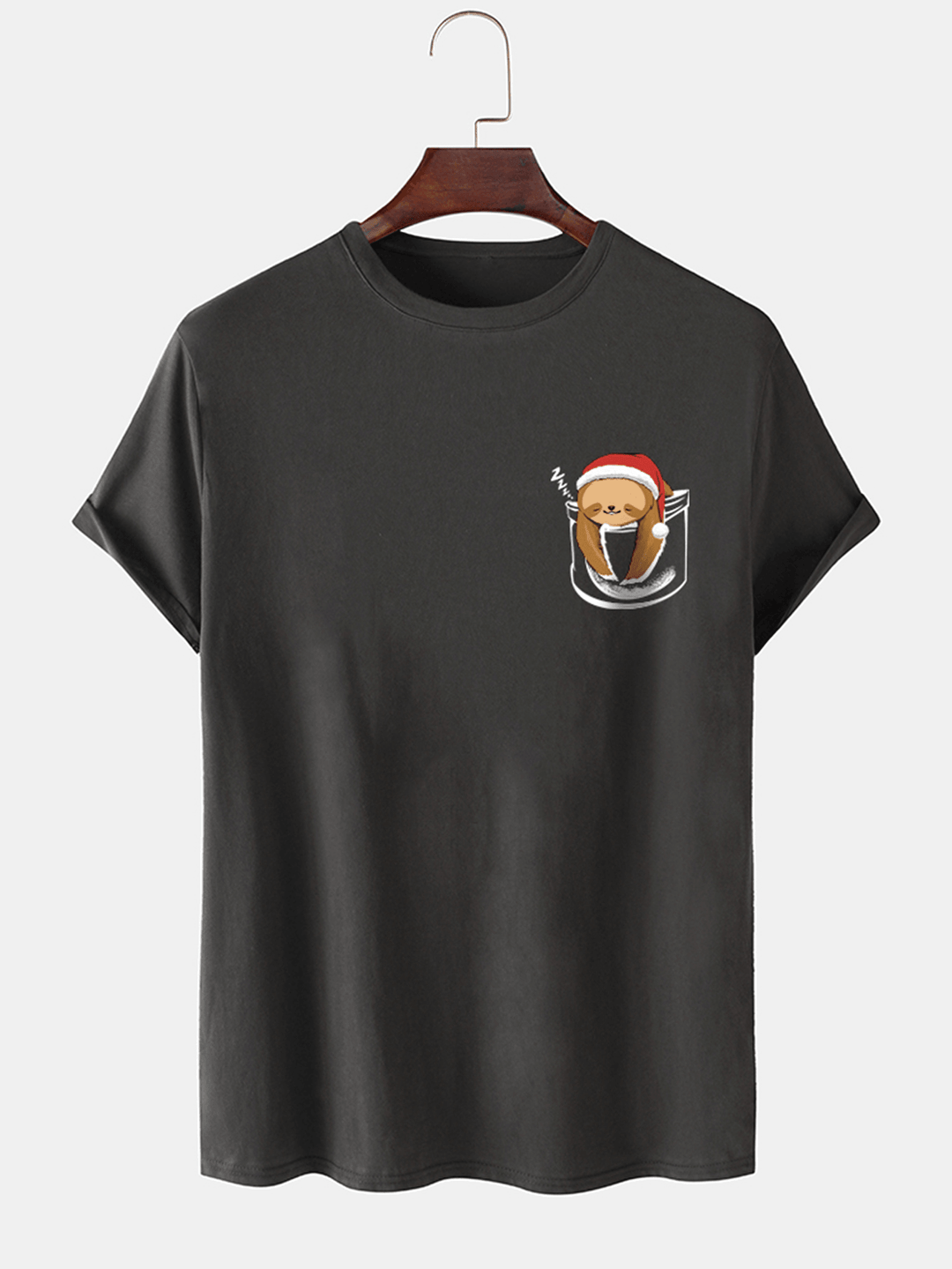 Mens 100% Cotton Christmas Bear O-Neck Solid Color Thin T-Shirt