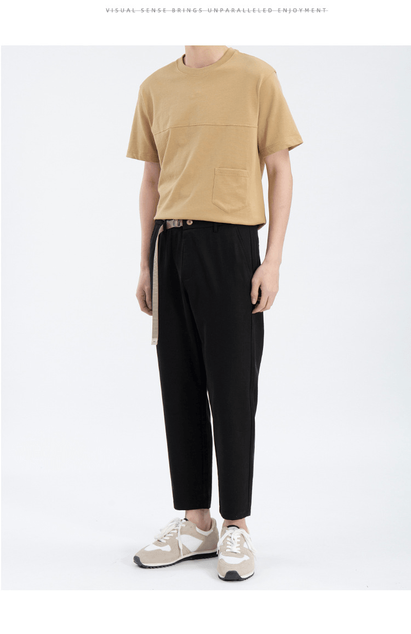 Spring and Summer Silk Cropped Trousers Men'S Belt Pure Color Elastic Waist Slim Straight Casual Pants