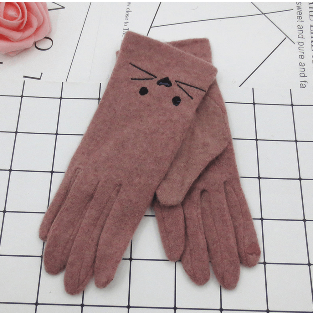 Women Wool Screen-Touchable Embroidery Cartoon Cat Pattern Keep Warm Fashion Casual Gloves