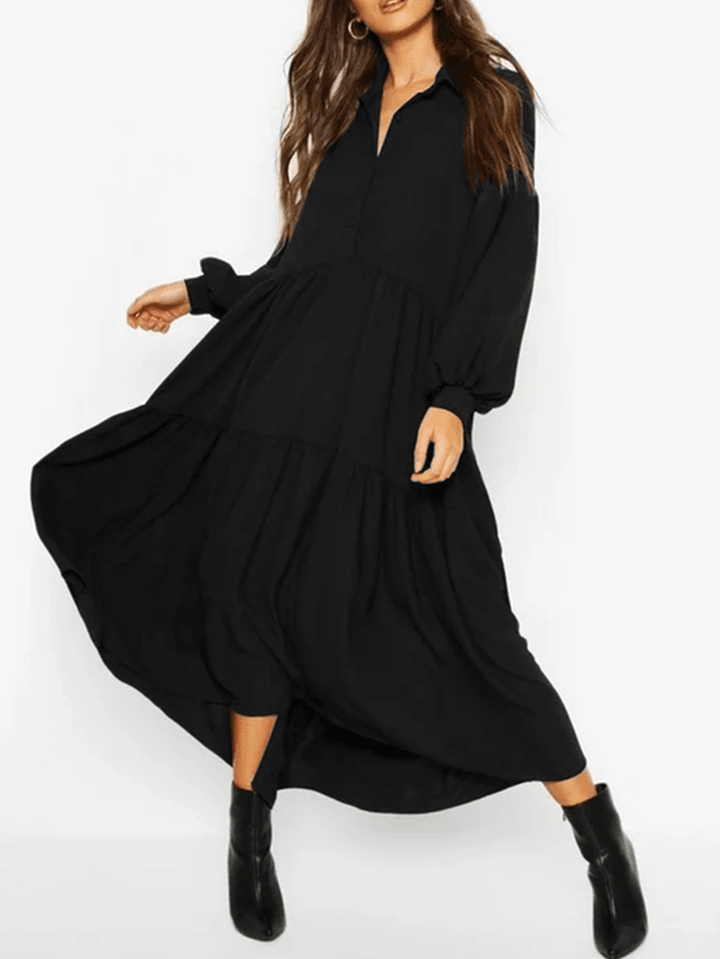 Women Puff Sleeve Solid Pleats Lapel Button Maxi Dresses