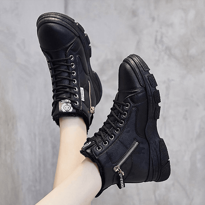 Women Casual Letter Pattern Lace up Zippers Warm Wearable Ankle Sports Court Sneaker Shoes