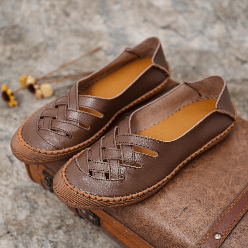 Women Genuine Leather Breathable plus Size Hollow Spring Casual Flats Loafers