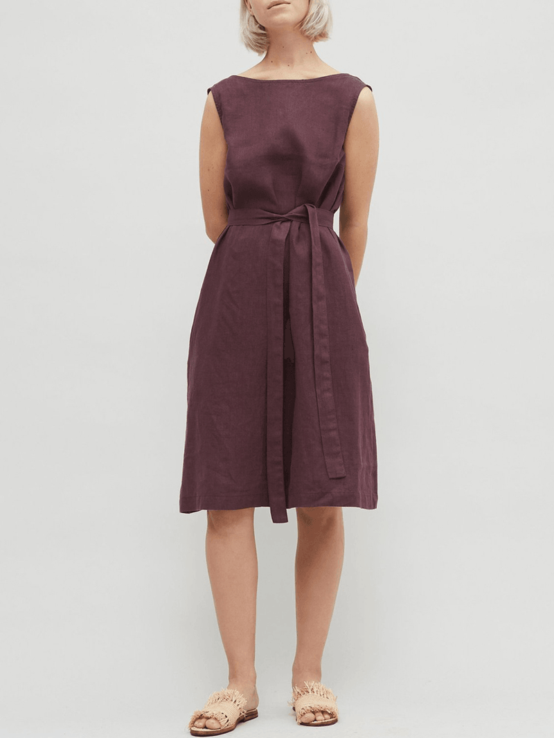 Solid Belted Sleeveless Dress