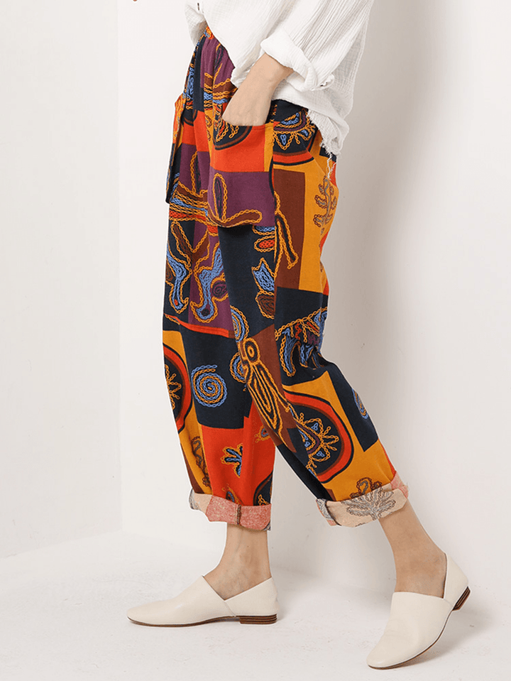 Ethnic Women Floral Print Elastic Waist Pockets Pants