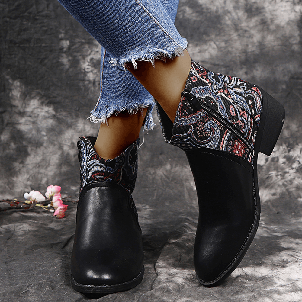 LOSTISY Retro Flower Cloth Stitching Comfy Wearable Side Zipper Block Heel Ankle Boots