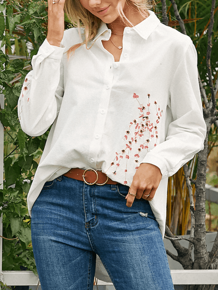 Women Floral Embroidery Lapel High Low Hem Casual Long Sleeve Blouse