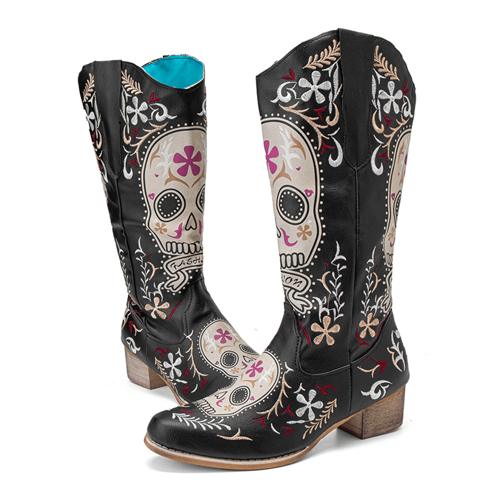 Women Color Kartoon Printed Embroidered Wear Resistant Chunky Heel Mid-Calf Boots