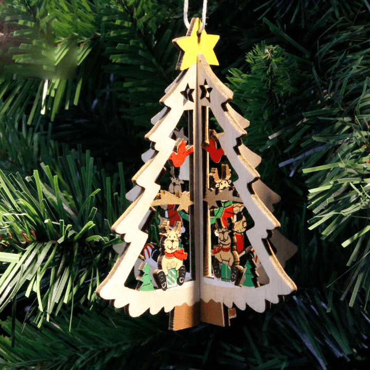 Christmas 3D Wooden Pendant Star Bell Tree Hang Ornaments Home Party Decorations Kids Gifts