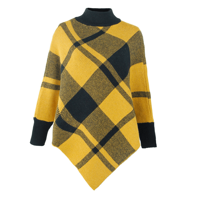 Color Block Check Cape Bat Sleeve Pullover Knit Shawl