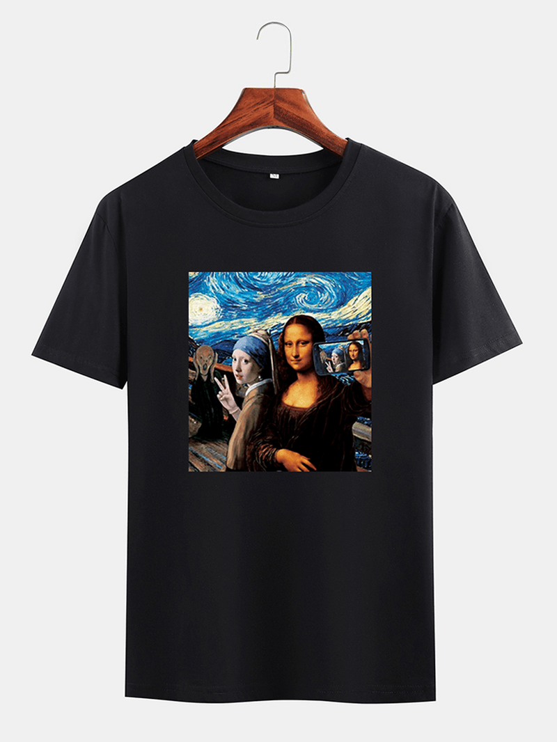 Mens Funny Kuso Mona Lisa and Van Gogh Oil Print License Designer Short Sleeve T-Shirts