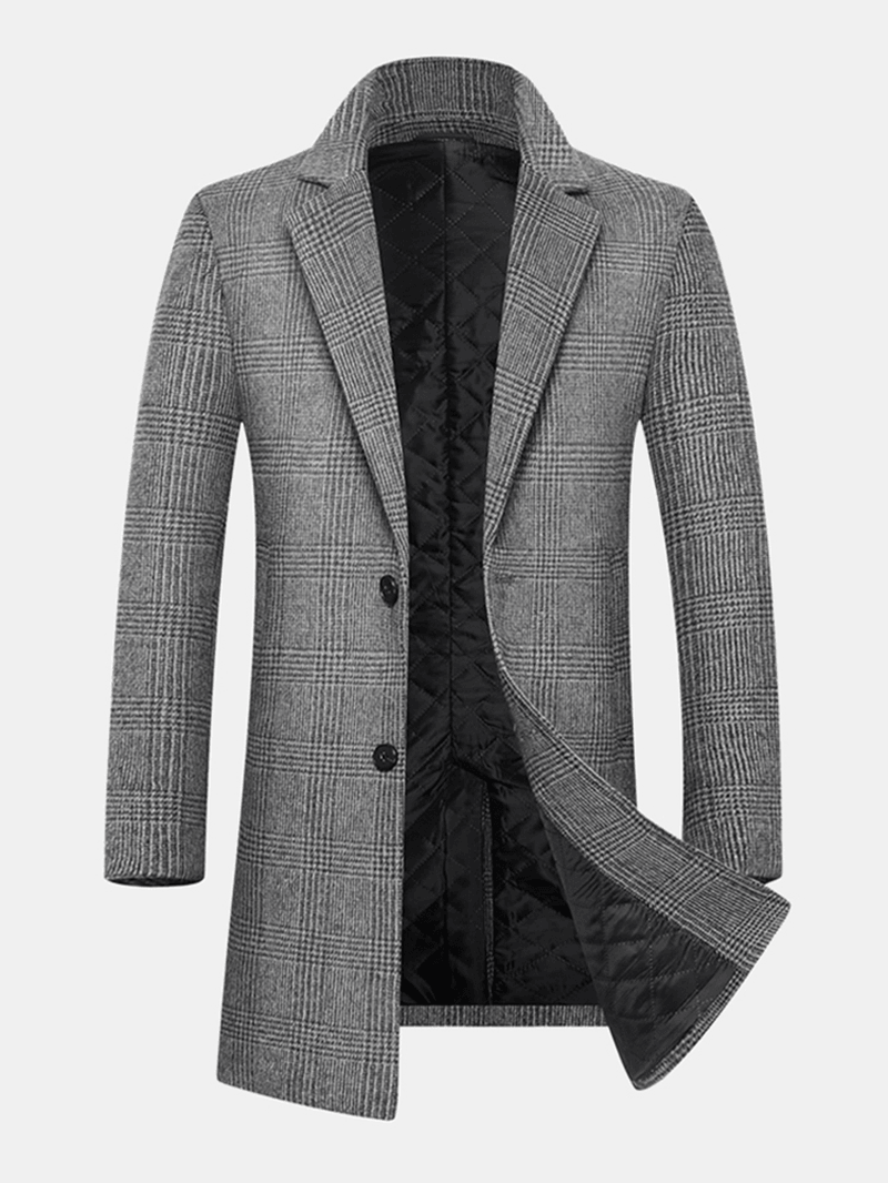 Mens Houndstooth Woolen Single-Breasted Lapel Mid-Length Overcoat