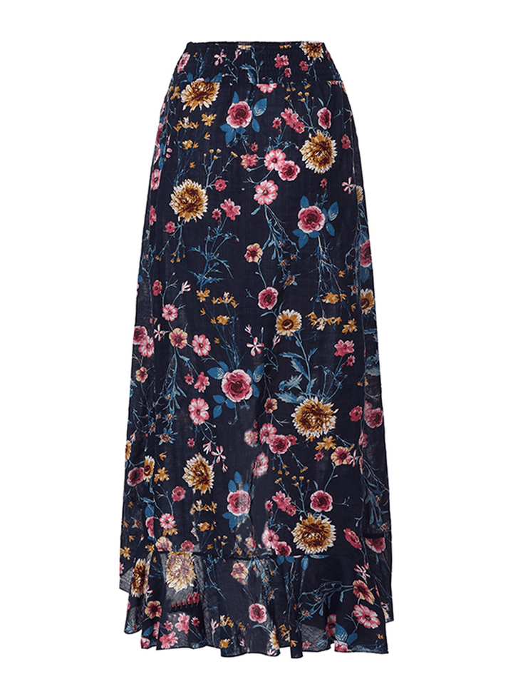 Bohemian Beach Floral Print Elastic Waist Flounce Hem Maxi Skirts