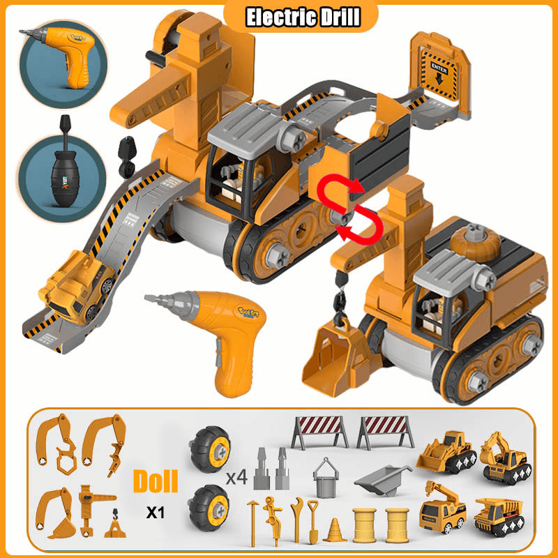 Disassembly and Assembly 4 in One Deformation Scene Engineering Vehicle Sliding Track Crane Excavator Toy