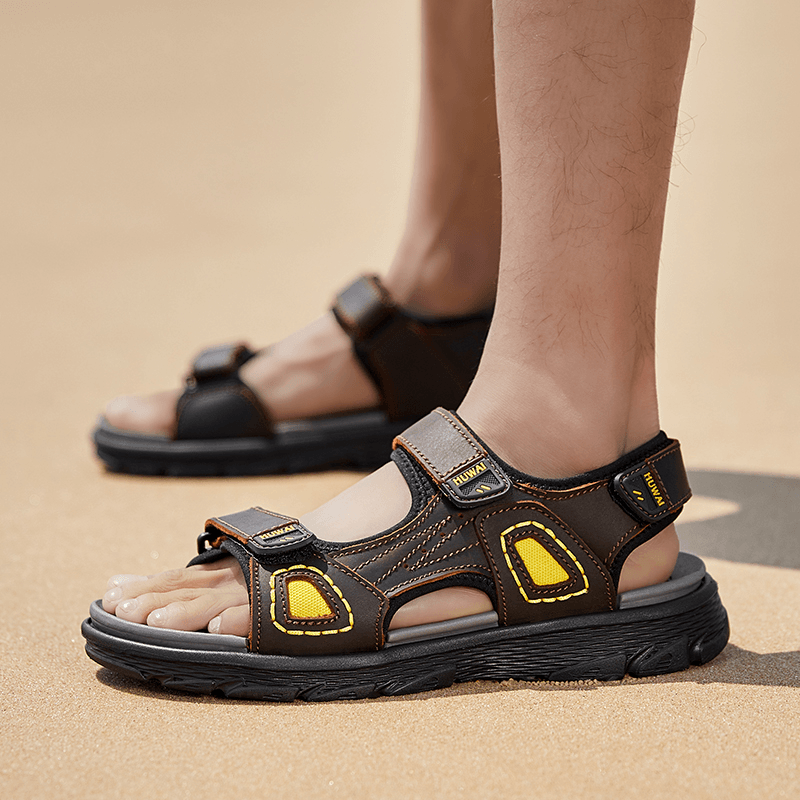 Men Cowhide Breathable Non Slip Opened Beach Casual Outdoor Sandals