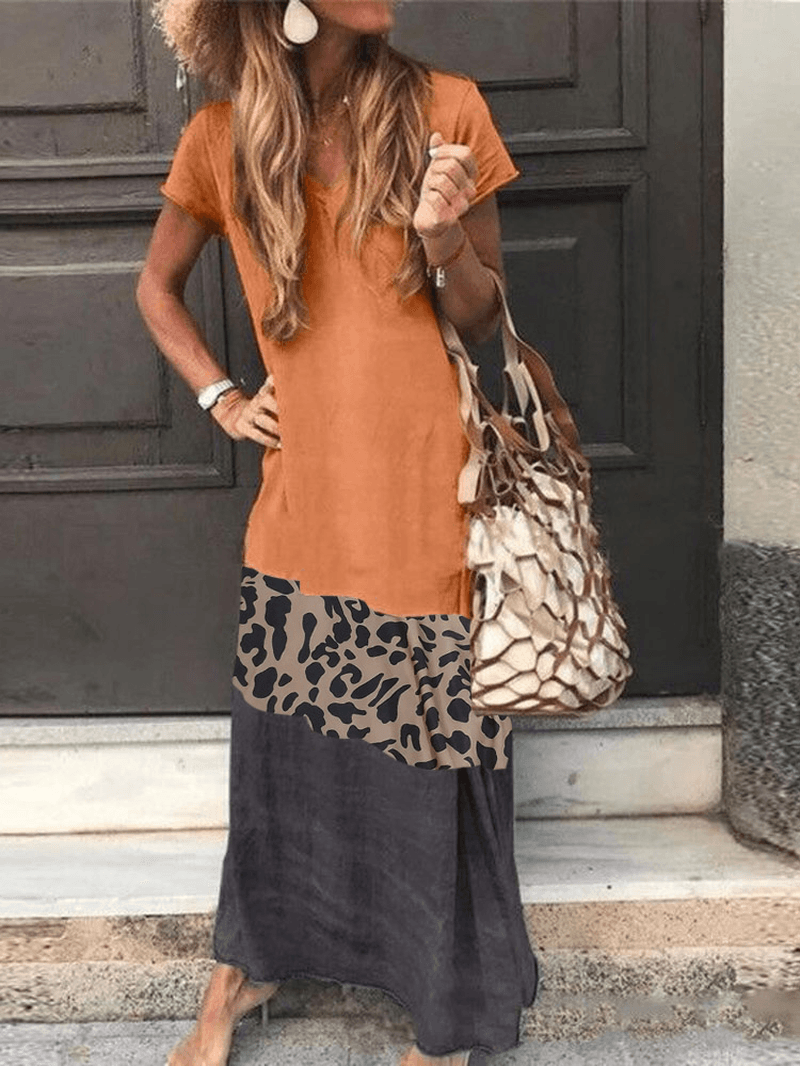 Leopard Print Patchwork Short Sleeve Causal Maxi Dress - MRSLM