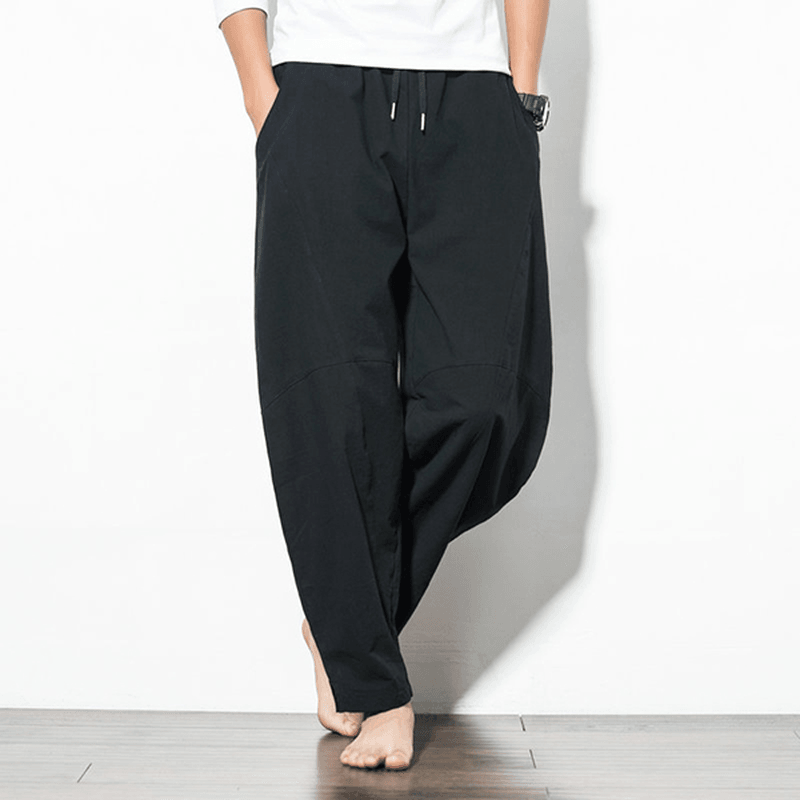 Men'S Loose Wide Leg Pants Solid Color Casual Baggy Breathable Cotton Harem Pants