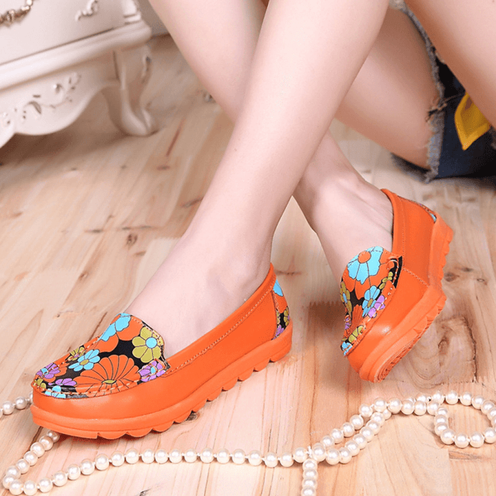 Women Fashion Casual Comfortable Soft Breathable Flower Leather round Toe Flat Loafer Shoes