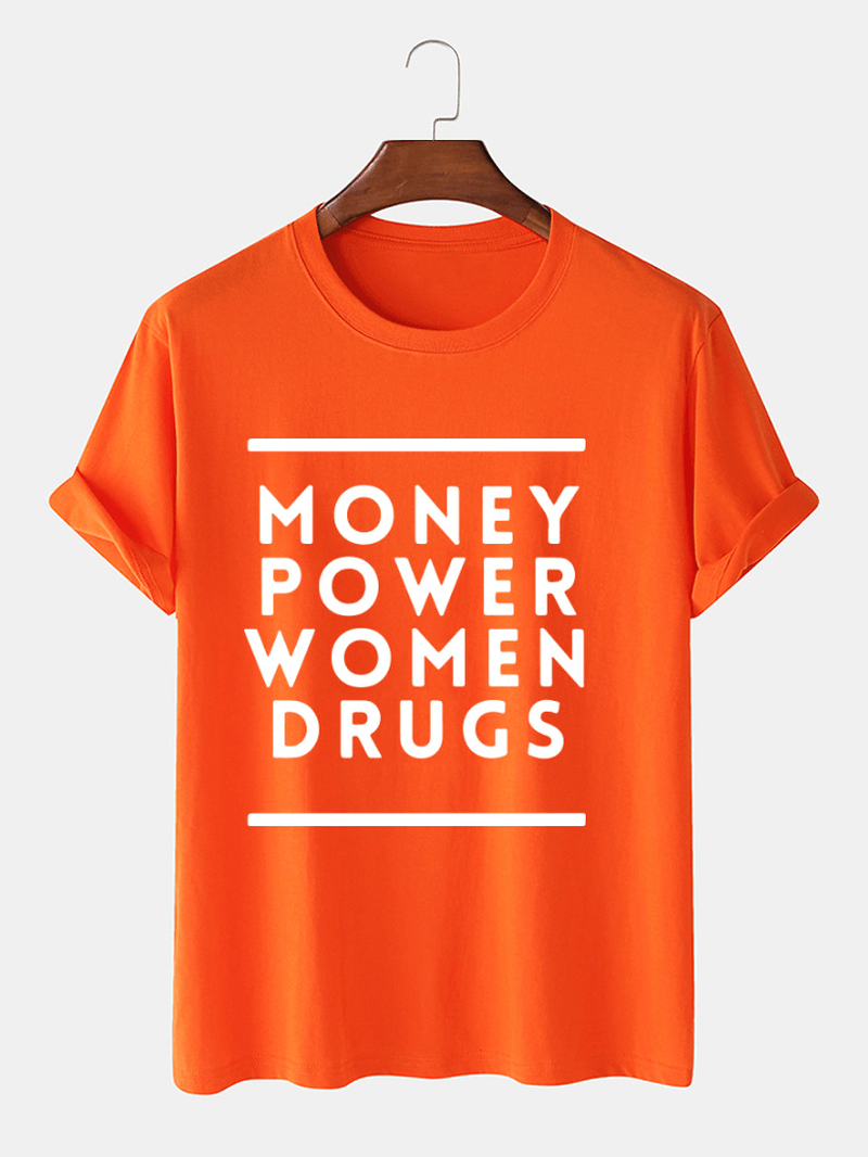 Mens Money Power Letter Print Cotton O-Neck Casual Loose Short Sleeve T-Shirt