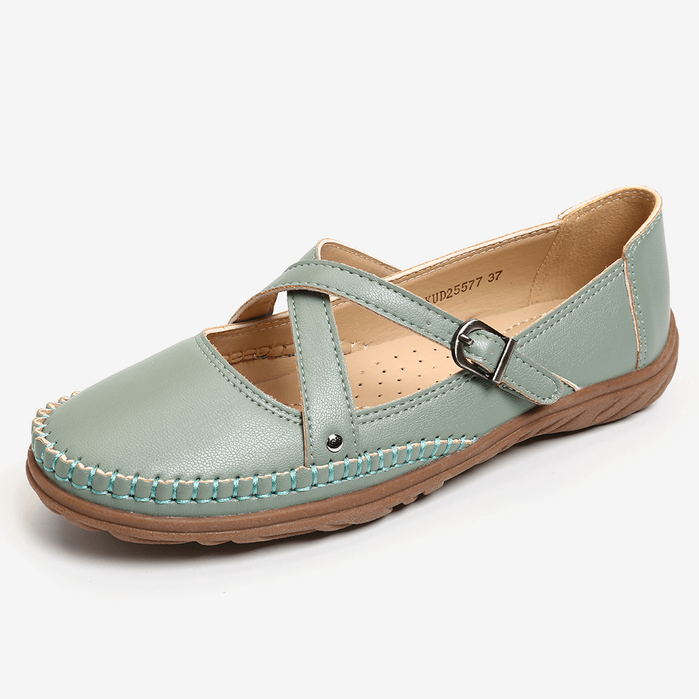 Women Cross Strap Stitching Buckle Slip Resistant Flats