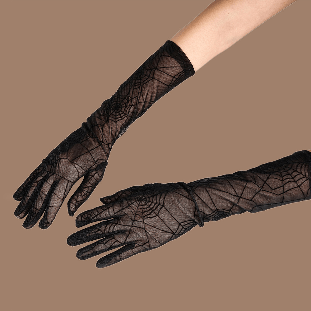 Women Solid Spider Web Pattern Lace Gloves Summer Sunshade Long Full Finger Split Finger Gloves