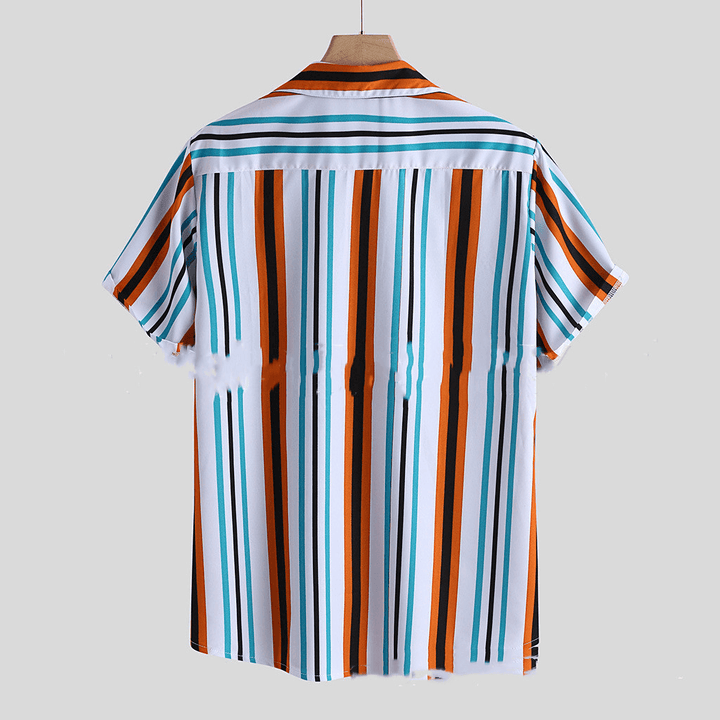 Men'S Lapel Print Striped Short Sleeve Shirt