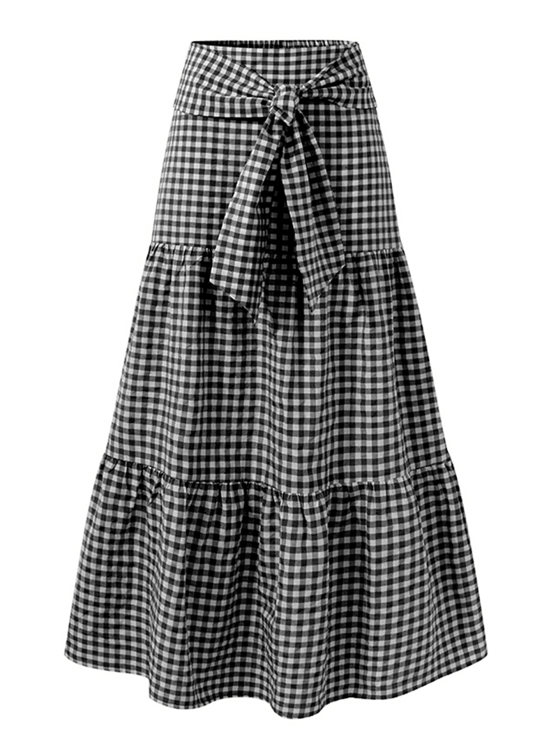 Women Plaid Pleated Lace-Up Elastic Waist Swing Skirts - MRSLM