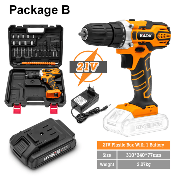 21V Cordless Electric Drill Driver 520N.M LED Portable Rechargeable Screwdriver Hammer Drill W/ 1/2 Battery - MRSLM