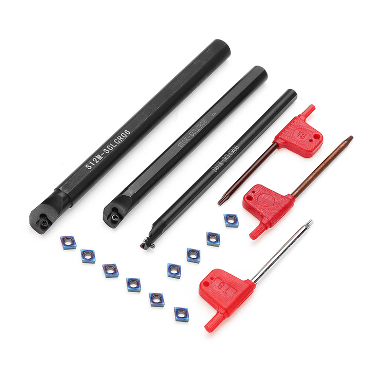 Drillpro 3Pcs SCLCR Lathe Boring Bar Turning Tool Holder Set with 10Pcs Blue Nano CCMT0602 Inserts