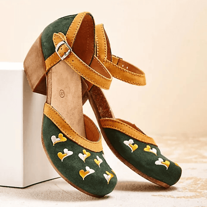 LOSTISY Women Embroidery round Toe Ankle Strap Comfy Casual Heels Pumps