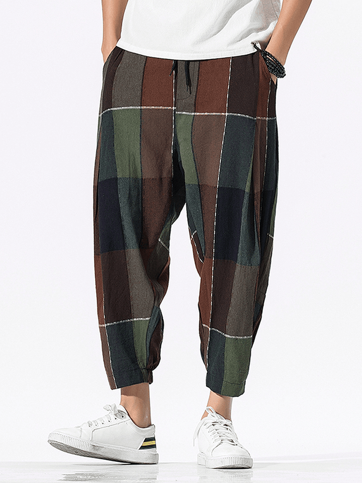 Mens 100% Cotton Plaid Drawstring Elastic Leg Casual Pants with Pocket