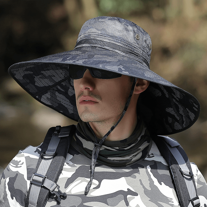 K51 Men'S Summer Hat Outdoor Sun Screen Camouflage Hiking Hats Cycling Fishing Cap Big Brim Fisherman Hat UV Protection