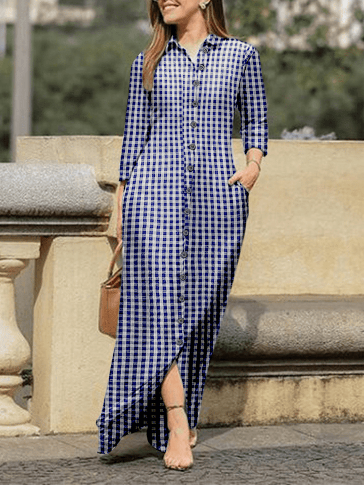 Casual Plaid Lapel Button Long Sleeve Shirt Dress - MRSLM