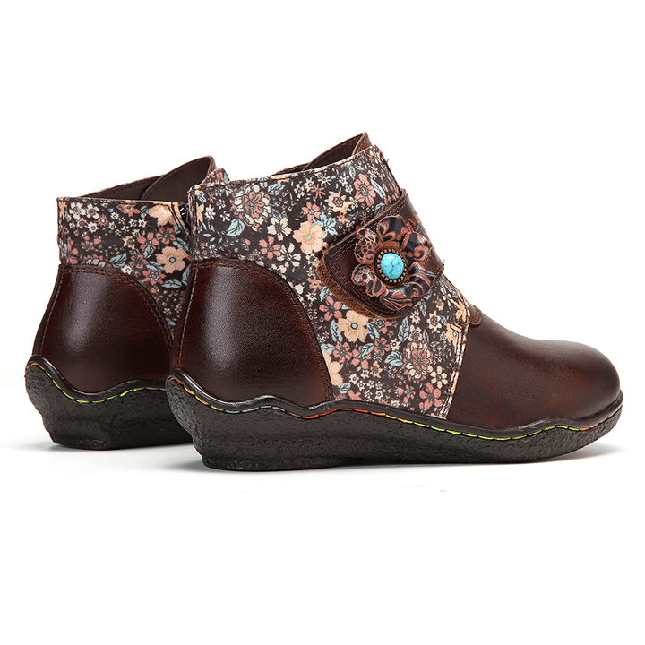 Retro Small Flowers Colorful Stitching Soft Leather Boots