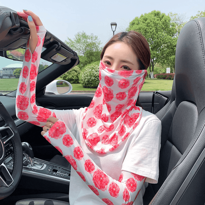 Women Two-Pieces Sunscreen Outdoor UV Protection Ice Silk Sleeve Arm Guard Sleeve Cover Face Breathable Veil Mask - MRSLM