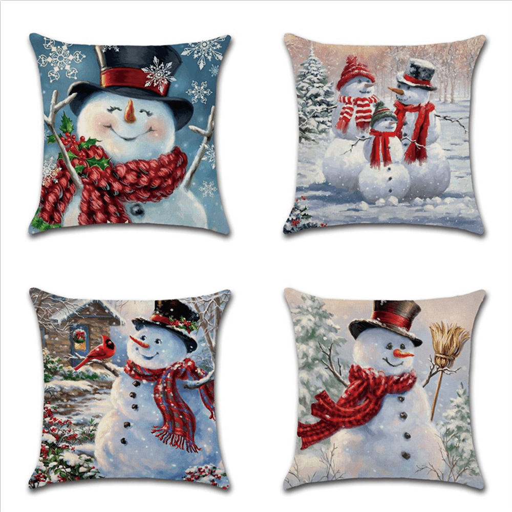 Christmas Snowman Printing Cotton Linen Cushion Cover Home Decorative Pillow Case