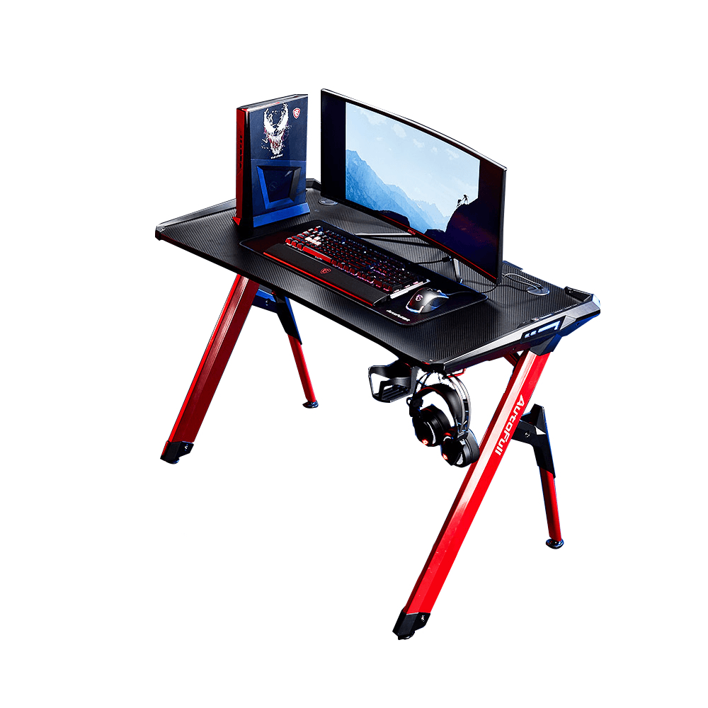 Autofull Red Spider Gaming Desk Laptop Desk 47"L RGB Light Cup Holder Handle Bracket Earphone Holder Cold Rolled Steel