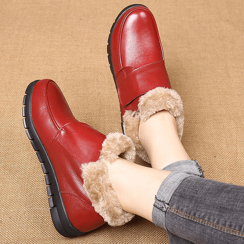 Genuine Leather Cotton Shoes Casual Slip on Fur Lining Boots