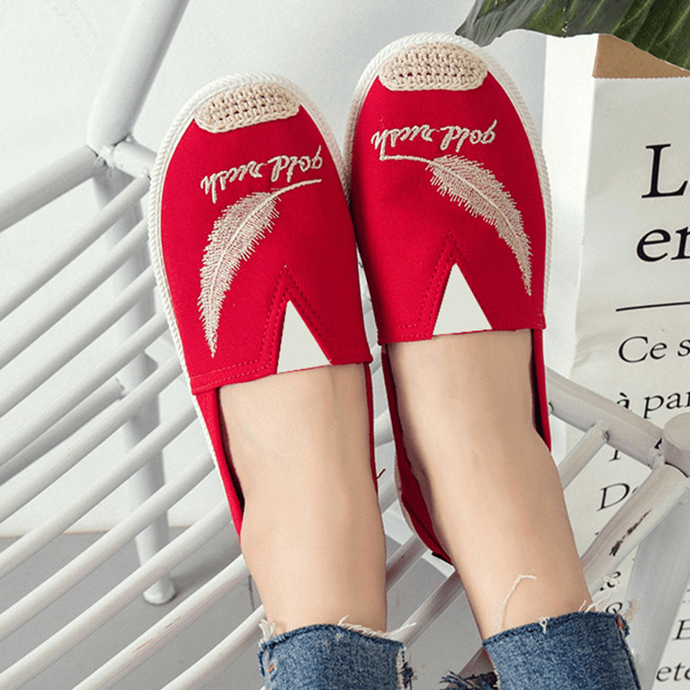 Women Pattern Embroidery Comfy Slip on Casual Canvas Flat Shoes