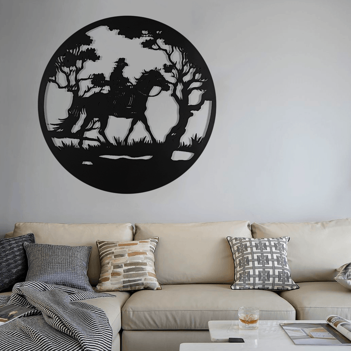 Man Riding Horse in Forest round Black Metal Wall Hanging Art Decoration Room