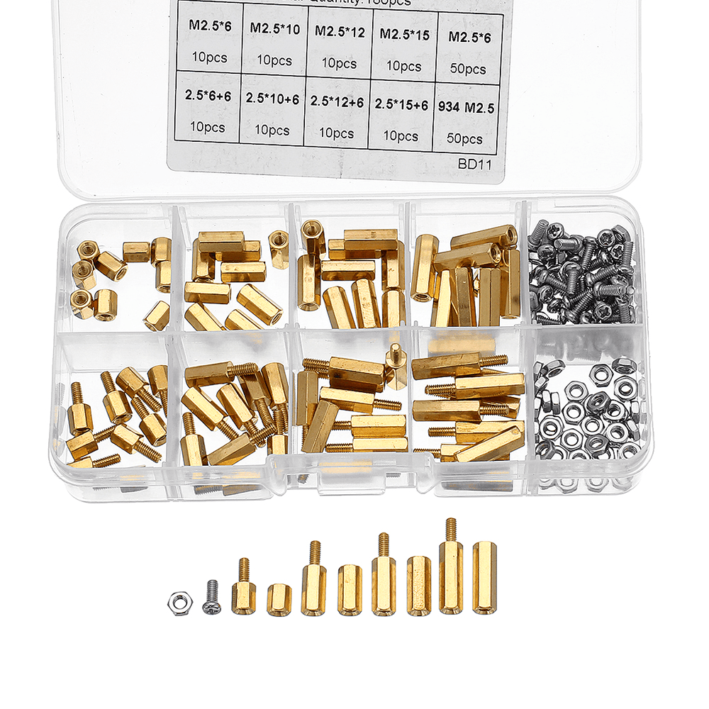 Suleve‚Ñ¢ M2.5BH1 180Pcs M2.5 Brass Male-Female Hex Column Standoff Support Spacer Pillar Cross Screw Nut Assortment for PCB Board